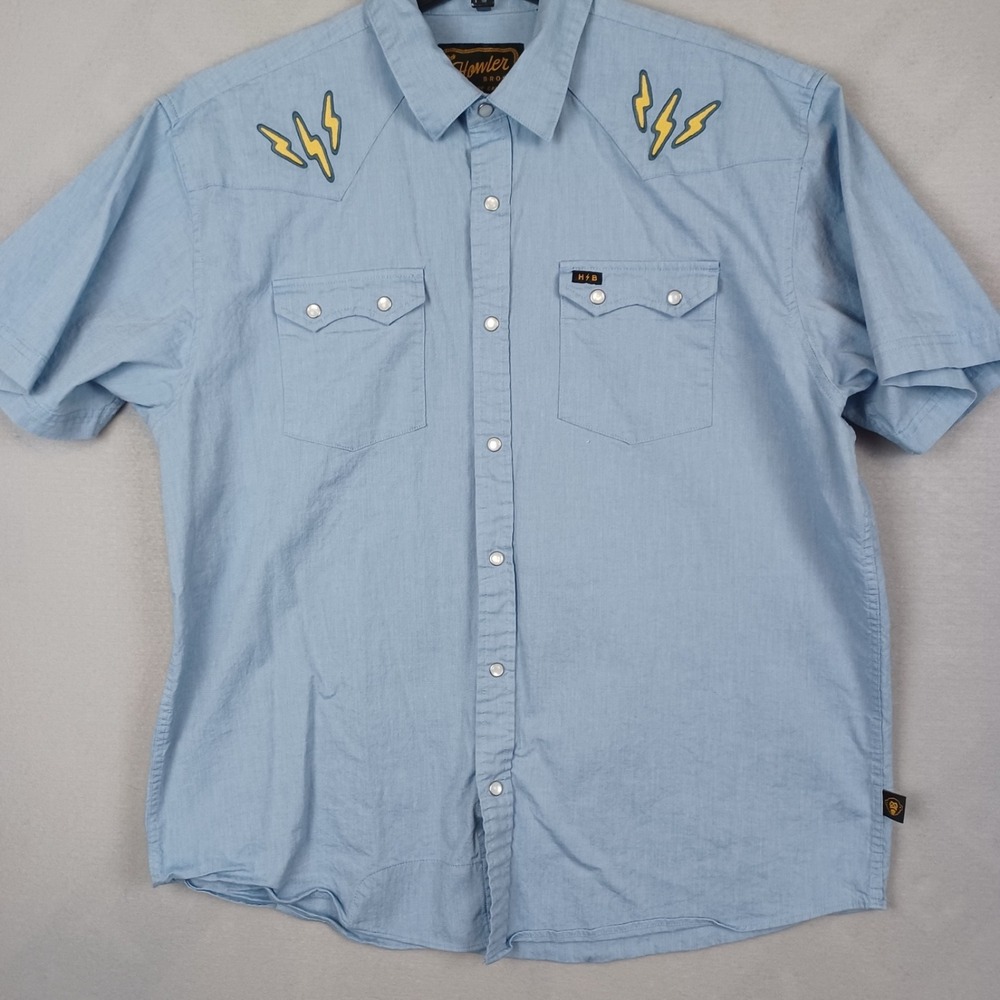 Howler Brothers Gaucho Snapshirt Mens L Blue Lightning Bolt Pearl Snap Western